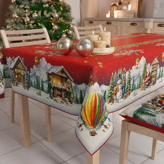 Petti - Weihnachtstischdecke Tischdecke 140 x 180 cm, rechteckig, schmutzabweisend & fleckenabweisend, Pflegeleichte Mikrofaser mit Motiv Santa-Land, ideal für Advent & Weihnachten