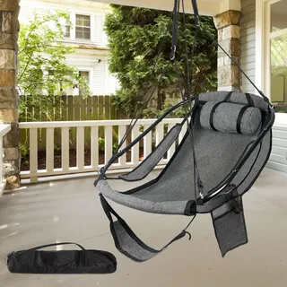 Bathonly Hängesessel mit Fußstütze, Sky Chair mit Metallstange, Hängeschaukel, Hängestuhl Outdoor Mit Seitentasche, Getränkehalter, Stützkissen, bis 150 Kg Belastbar, Schwarz
