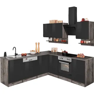 kochstation Winkelküche L-Form KS-Virginia 220 cm schwarz hochglanz