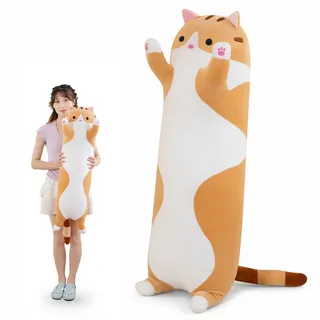 AMOZO Katzen Kuscheltiere süße Lange Katzen Plüschtiere, Niedliche Weiche Katze Stofftiere Plüsch Kissen Spielzeug für Mädchen und Kinder (Orange, 90cm)