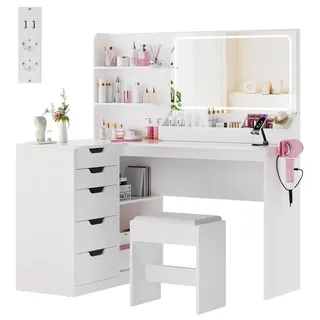 Eck-Schminktisch mit LED-Spiegel, Steckdose & Hocker, 5 Schubladen, Weiß, 120x65x136cm