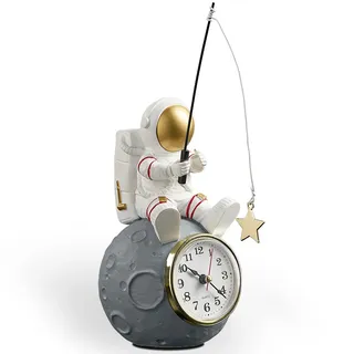 Astronauten-Figuren-Uhr für Schreibtisch und Regal, batteriebetrieben, Astronauten- und Planeten-Figur, Statue für Büro und Kinder, Weltraum-Themen-Schlafzimmer-Dekor, dekorative kleine Tischuhr,