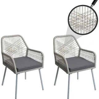 2er-Set Gartenstuhl HWC-O12, Outdoor Sitzpolster Aluminium Seilgeflecht Rope grau, Bezug dunkelgrau - Grau