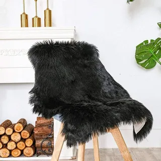 JXLOULAN Faux Lammfell Schaffell Teppich Schwarz 50x80 cm, Weicher Flauschiger Teppich Wohnzimmer Deko, Longhair Fell Lammfellimitat Carpet für Stühle Sofa Schlafzimmer Kinderzimmer
