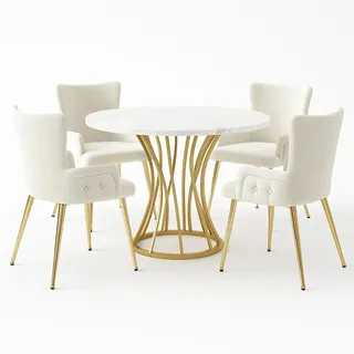 Urban Meuble Esstisch SET mit 4 Stühlen, Weißer Marmoroptik und Goldenes Gestell , Beige , Holzwerkstoff, Metall, Textil , Rund , 80x76x80 cm , Esszimmer, Bänke, Tischgruppen & Eckbankgruppen