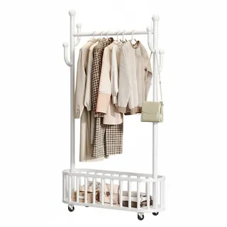 GarveeHome Schwarzer Freistehender Kleiderständer Aus Metall Mit Rollen Stabiler Garderobenständer Mit 4 Haken, Ablagekorb Vielseitig Für Schlafzimmer, Flur, Waschküche – 80cm Weiß