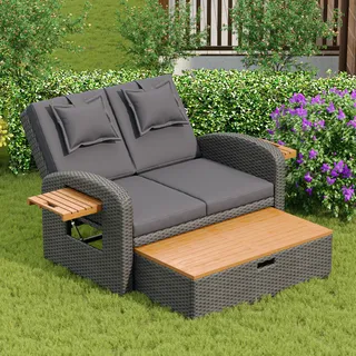Flieks Rattan Gartenlounge Set, Gartensofa mit Fußhocker mit Strauraum, Gartenmöbel Sets mit Kissen, Verstellbar Loungesofa Balkonmöbel Terassenmöbel - Grau