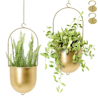 AceList Boho Hängender Pflanzgefäß, 2er Set Gold Metall Pflanzenhänger mit Haken und Ketten, Moderne Wand & Decke Pflanzgefäße Outdoor/Indoor Hängende Pflanzgefäß für Fenster, Veranda, Balkon und