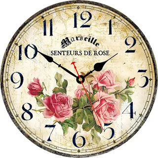 Toudorp Stille Wood Wanduhr 20CM Französisch Vintage Floral Batterie Rosen | Stille Küchenuhr Wanduhr 20 cm ohne Ticken. Leicht lesbare Retro Deko. Perfekt für Küche & Büro!