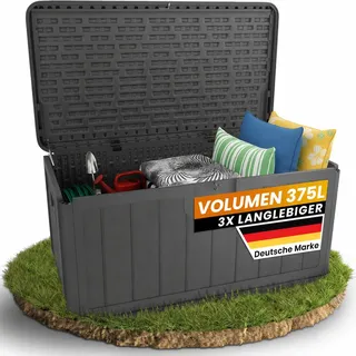 Naturiz® Gartenbox wasserdicht & stabil 375L - Aufbewahrungsbox XXL - Gartenkiste wetterfest - Auflagenbox, Kissenbox, Paketbox, Gartentruhe, Outdoor Box, Garten Box, schwarz (375L)