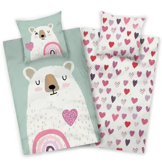 Aminata kids Biber Bettwäsche Bär 135x200 Kinder Baumwolle Tier-Motiv, Reißverschluss warm & kuschelig, Flanell-Winter-Bettwäsche-Set - Wendebettwäsche mit Teddy und Herzen türkis