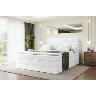 ALTDECOR Boxspringbett mit 2 Matratzen und Topper - 200x200 cm - SERENE KING - Weiß Kunstleder - Polsterbett mit, H3- und H4- Matratzen, Bettkasten und Lattenrost, Bett mit Stauraum - Weiß
