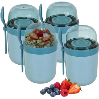 Relaxdays Müslibecher to go, 4er Set, 3 Fächer, Löffel, auslaufsicher, blau | 400 & 280 ml, für Mikrowelle, Joghurtbecher