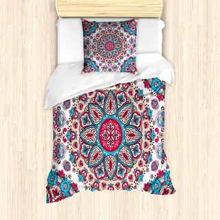 ABAKUHAUS Ethnisch Mantele, Orientalische Art Floral Retro, Milbensicher Allergiker geeignet mit Kissenbezügen, 135 cm x 200 cm - 80 x 80 cm, Türkis Hellrosa - Türkis