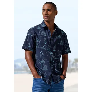 John Devin Hawaiihemd ", sommerliches Kurzarmhemd mit kontrastfarbigem Palmen Druck", navy