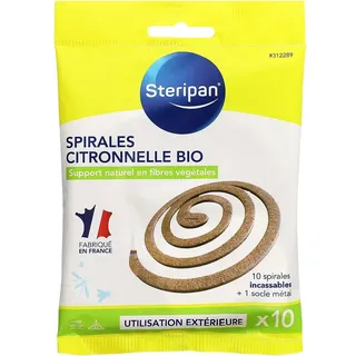 Steripan - Zitronengras-Spiralen Bio – 10 bruchsichere Spiralen + Metallsockel – natürliche Halterung aus Pflanzenfasern – Verwendung im Freien