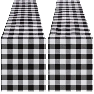 Buffalo Plaid Tischläufer 2 Packungen 33 x 213 cm kariert Schwarz und Weiß Tischläufer Herbst Thanksgiving Tischläufer für Partys