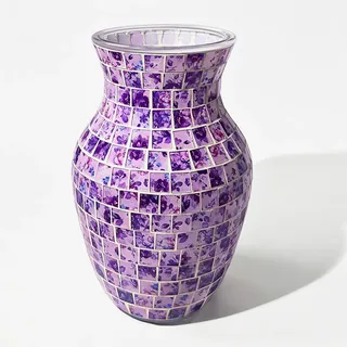 Mosaik Glasvase 20 cm, Blumenvase, Tischdeko, Lila Blumen | Dekorative Glasvase mit Mosaikoptik in Lila Blumen, 20 cm hoch; für Blumen, Zweige und stilvolle Tischdekoration.