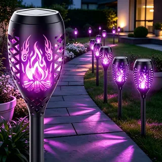 Solarleuchten Garten 6er Set, Solarfackeln mit 12 LED Flammeneffekt in Lila, Gartenfackeln Wasserdicht, Automatisch Ein und Aus, Solar Gartenbeleuchtung für Garten Weg Terrasse Hof Dekoration