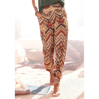 Jerseyhose LASCANA "aus luftig-leichter Viskose mit Ethnodruck", Damen, Gr. 34, N-Gr, braun (braun, bedruckt), Jersey, Obermaterial: 100% Viskose, bedruckt, ethno, figurumspielend lang, Hosen Jerseyhose, mit Ethnoprint, lockere Passform, leichte Sommerhose, Schlupfhose, Topseller