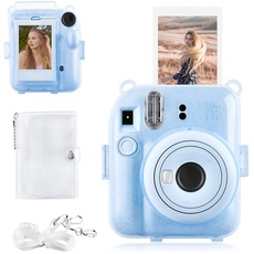 Rieibi Instax Mini 12 Tasche – Glitzerhülle für Fujifilm Instax Mini 12 Sofortbildkamera mit Fototasche auf der Rückseite, transparentem Schultergurt und Mini-Fotoalbum - Glitzer Blau