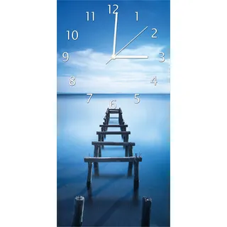 Wallario Design Wanduhr bedruckt, Größe 30 x 60 cm, Motiv: Rustikaler Holzsteg im blauen See - Blau