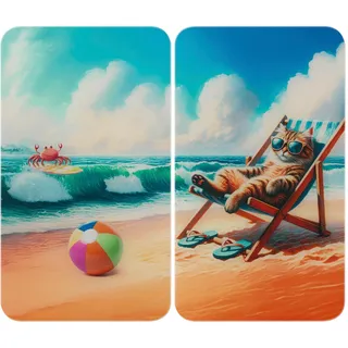 WENKO Herdabdeckplatte Universal Mod. Katze am Strand, höhenverstellbar für alle Herdarten, Schneidebrett und Spritzschutz, Glas, 30 x 52 cm, 2-teilig