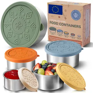 Everusely - Edelstahlbehälter mit Deckel - 5er-Set, Muted Collection - Auslaufsichere Edelstahl-Lebensmittelbehälter - Verschachtelbare Snackbehälter- Metall-Lunchbox