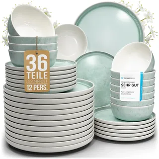 Steingut Geschirrset 12 Personen Ibiza 36 tlg. TESTSIEGER, Traumhaftes Mediterranes Steingut Geschirr Set, Schüssel- und Teller Set, Tafelservice 12 Personen, Geschirrsets Pure Living in Türkis