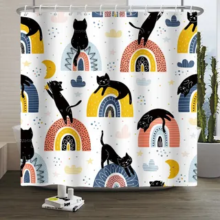 SDOTPMT 105x160cm Nette Cartoon Tier Duschvorhang Schwarze Katze Bunte Regenbogen Bad Vorhang Lustige Haustiere Thema Badewanne Vorhang für Kinder Badezimmer Dekor mit Haken