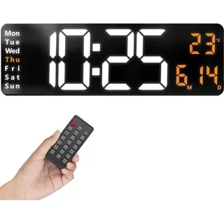 Beschreibung Uhr 1 XXL Weiß/Orange: Digitale Wanduhr mit Temperaturanzeige, große beleuchtete LED-Digitaluhr ohne tickendes Geräusch