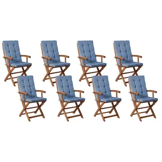 BELIANI Gartenstuhl 8er Set Braun Akazienholz Klappbar mit Auflagen Blau Hohe Armlehnen Modern Garten Balkon Klappstuhl Niedriglehner Stuhl - Braun, Blau