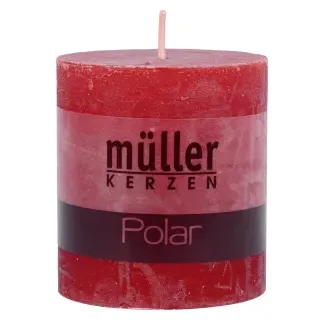 Müller Kerzen Polar Stumpenkerzen 75/68 mm, Raureif-Effekt, Hochwertige Stumpenkerze für ein besonders langanhaltendes gemütliches Ambiente, 1 Packung = 4 Stück, rot