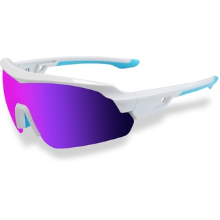 JOGVELO Polarisierte Sonnenbrille, Sportsonnenbrille Radbrille TR90 Anti-Fog mit 5 Wechselobjektiven UV400 Herren Damen wie Radfahren Laufen Klettern Autofahren Angeln Golf,Weiß&Blau