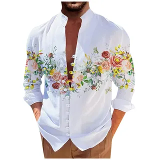 RMBLYfeiye Hemd Herren Langarm, Stehkragen Rose Druck Druckknopf Langarmshirt Loose Fit Hawaii Hemd Männer Lockere Henley Shirt Strandhemd Mittelalter Hemd Holzfällerhemd Herren Sommerhemd