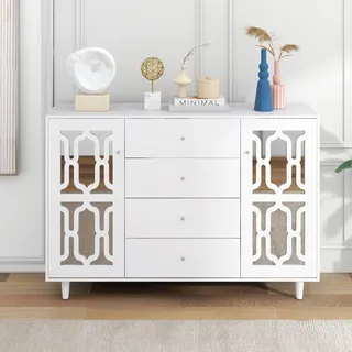 Fortuna Lai Kommode Sideboard mit verspiegelten Glastüren und 4 Schubladen,Anrichte Küchenschrank Schrank im Landhausstil,148x102x40cm,Weiß - Weiß