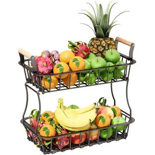 Relaxdays Obstkorb , Schwarz , Metall, Holz , 34 cm , Geschirr, Schalen & Schüsseln, Obstschalen