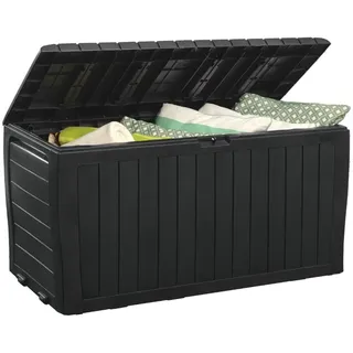 Keter Marvel Plus Deckbox aus Kunstharz, Organisation und Aufbewahrung für Terrassenmöbel, Outdoor-Kissen, Wurfkissen, Gartengeräte und Pool-Spielzeug, Dunkelgrau