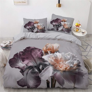 Luowei Bettwäsche 135x200cm 4 Teilig Grau Blumen Floral Aesthetic Bettwäsche-Set für Doppelbett Weiche Microfaser Vintage Blumenmuster Bettbezug und 2 Kopfkissenbezüge 80 x 80cm