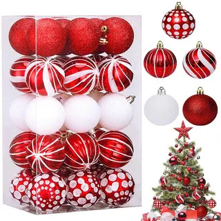 30 Stück Weihnachtskugeln Rot Weiß, 6cm Klassische Weihnachtsbaumschmuck Rot, mit Schnüren bruchsicher Weihnachtskugeln, Weihnachtskugeln, Für Christbaumschmuck,EIN Warms Frohes Weihnachtsgefühl.