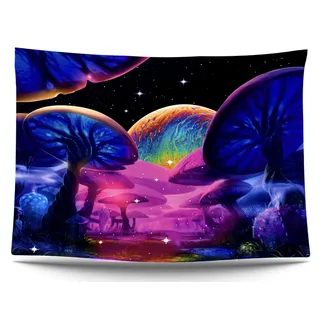 Ulticool – Pilze Mond Nacht - Glow in the Dark Wandteppich - Schwarzlicht under UV Reaktive Black Neon Light - Blacklight Psychedelisch im Dunkeln Leuchtende Wandtuch - 200 x 150 cm - Halloween Deko