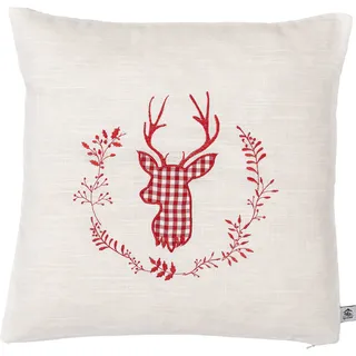 myZirbe Zirbenkissen beige Bestickt mit Hirsch Größe 40x40 cm befüllt mit Zirbenflocken aus Zirbenholz in extra Inlett (rot)