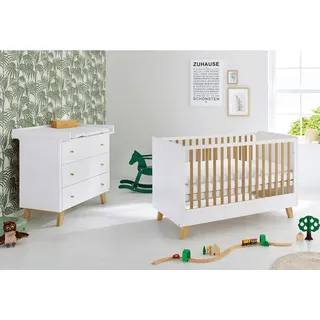 Pinolino Babyzimmer , Weiß, Eichefarben , Holzwerkstoff , 3 Schublade(n) Schubladen , zum Juniorbett umbaubar, höhenverstellbar, Sprossen mit Normabstand, Aufbauanleitung im Karton, Lattenrost inklusive, Schlupfsprossen , Babymöbel & Kindermöbel, Babyzimmer, Babyzimmer-Serien