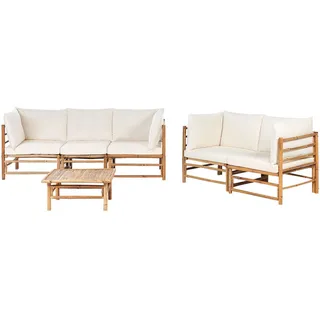 Beliani Lounge SET 5-Sitzer Bambusholz hellbraun 3-teilig Auflagen cremeweiß Cerreto , Creme , Holz , Gartenmöbel, Gartengarnituren, Gartenmöbel-Sets