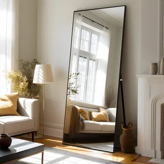 NeuType 180,3 x 71,1 cm großer Spiegel in voller Länge mit stehender Halterung, Rahmen aus Aluminiumlegierung, Bodenspiegel, Wandspiegel für Wohnzimmer, Schlafzimmer, zum Aufhängen oder Anlehnen an die Wand, schwarz (mit Ständer)
