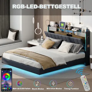 MODFU Polsterbett Funktionelles 140 x 200 cm mit USB-Ladeanschluss und Kopfteil mit Stauraum, Doppelbett Stauraumbett Schwebebett mit LED-Beleuchtung und Handytasche, Leinenstoff Grau(Ohne Matratze) - Grau