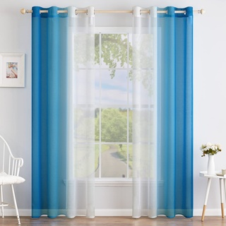 MIULEE 2er Set Voile Vorhang Zweifarbiger Vorhang mit Ösen Transparente Gardine Ösenschal Fensterschal Lichtdurchlässig für Schlafzimmer, 140x145cm, Dunkelblau