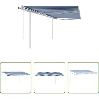 The Living Store Markise Automatisch Einziehbar mit Pfosten 4x3 m Blau und Weiß - Blau