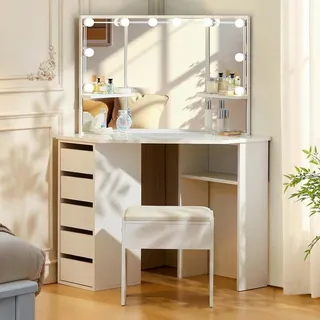 Eck Schminktisch mit LED Beleuchtung, 5 Schubladen, Hocker, 114x61x140 cm
