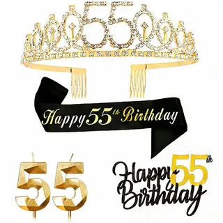 Schwarz Gold 55. Geburtstag Deko, Geburtstag Krone und Schärpe, Happy Birthday Tortendeko,Gold Kerze Geburtstag,Geburtstagsdeko Mädchen, Junge, Mann, Frau 55 Party Dekoration